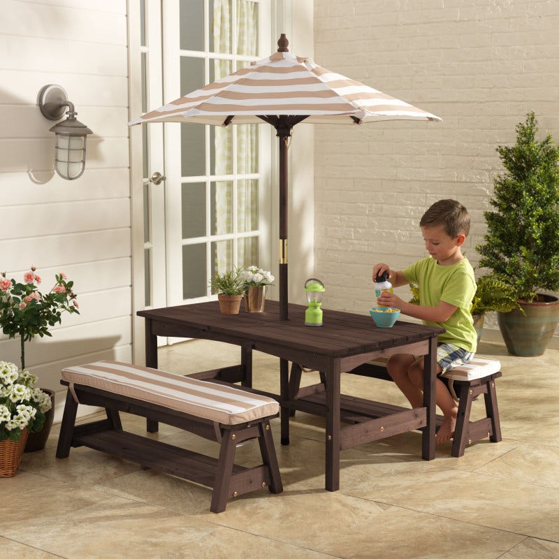 Kids Outdoor Table and Seating Set with Umbrella and Bench - Oatmeal / White