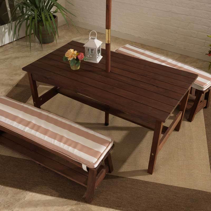 Kids Outdoor Table and Seating Set with Umbrella and Bench - Oatmeal / White