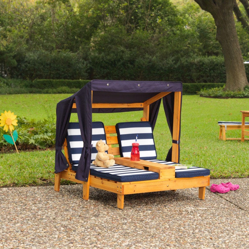 Kids Double Outdoor Chaise Lounge with Cup Holders and Canopy - Honey / Navy
