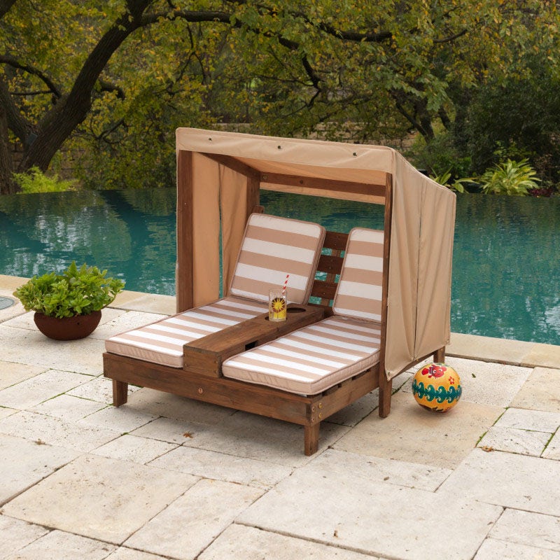 Kids Double Outdoor Chaise Lounge with Cup Holders and Canopy - Espresso / Oatmeal