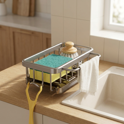 RINSEVERRA – No-Drill Sink Drain Rack with Hook for Convenient Storage