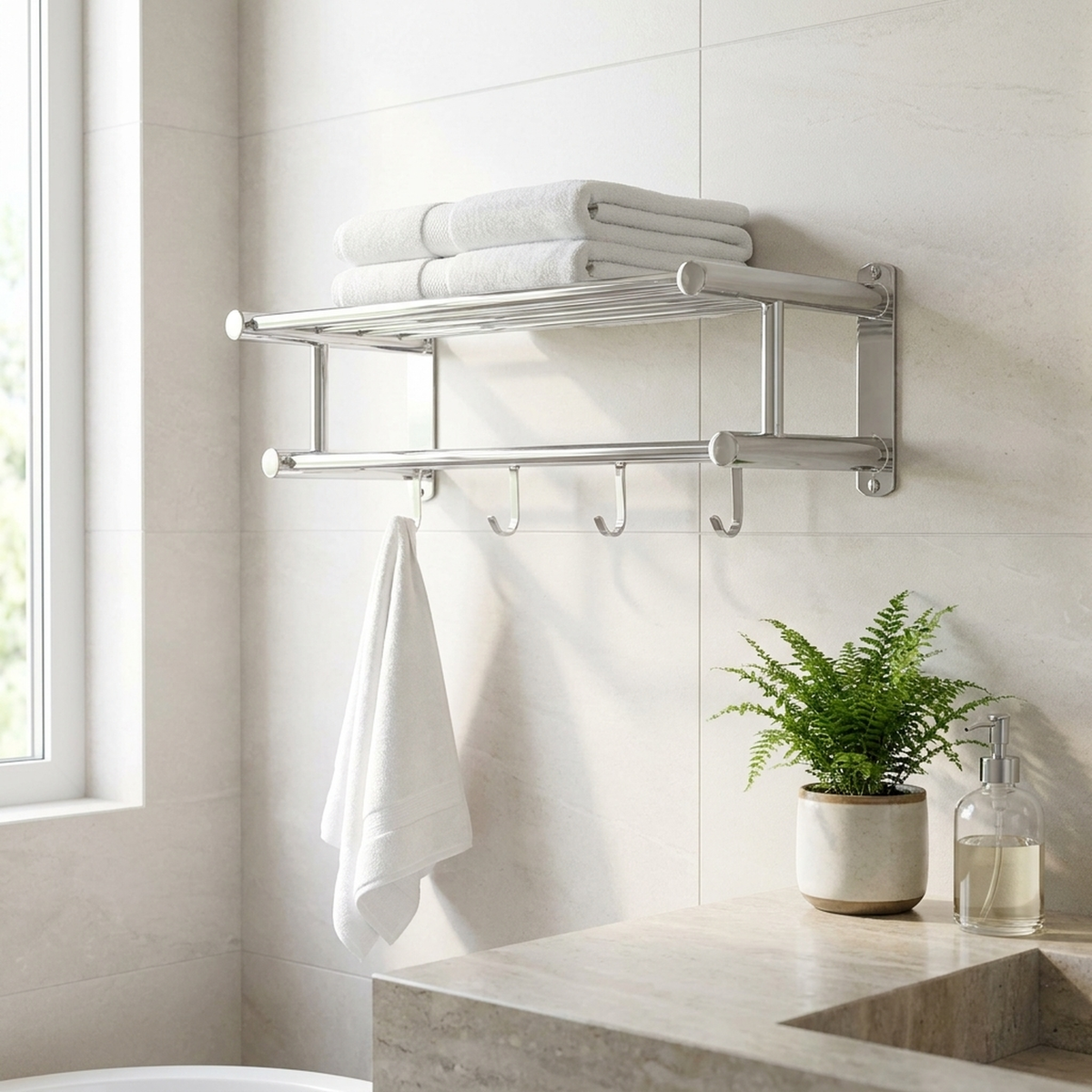 TOWELRIVA – Wall-Mounted Towel Rack with Shelf & Hooks for Organized Spaces