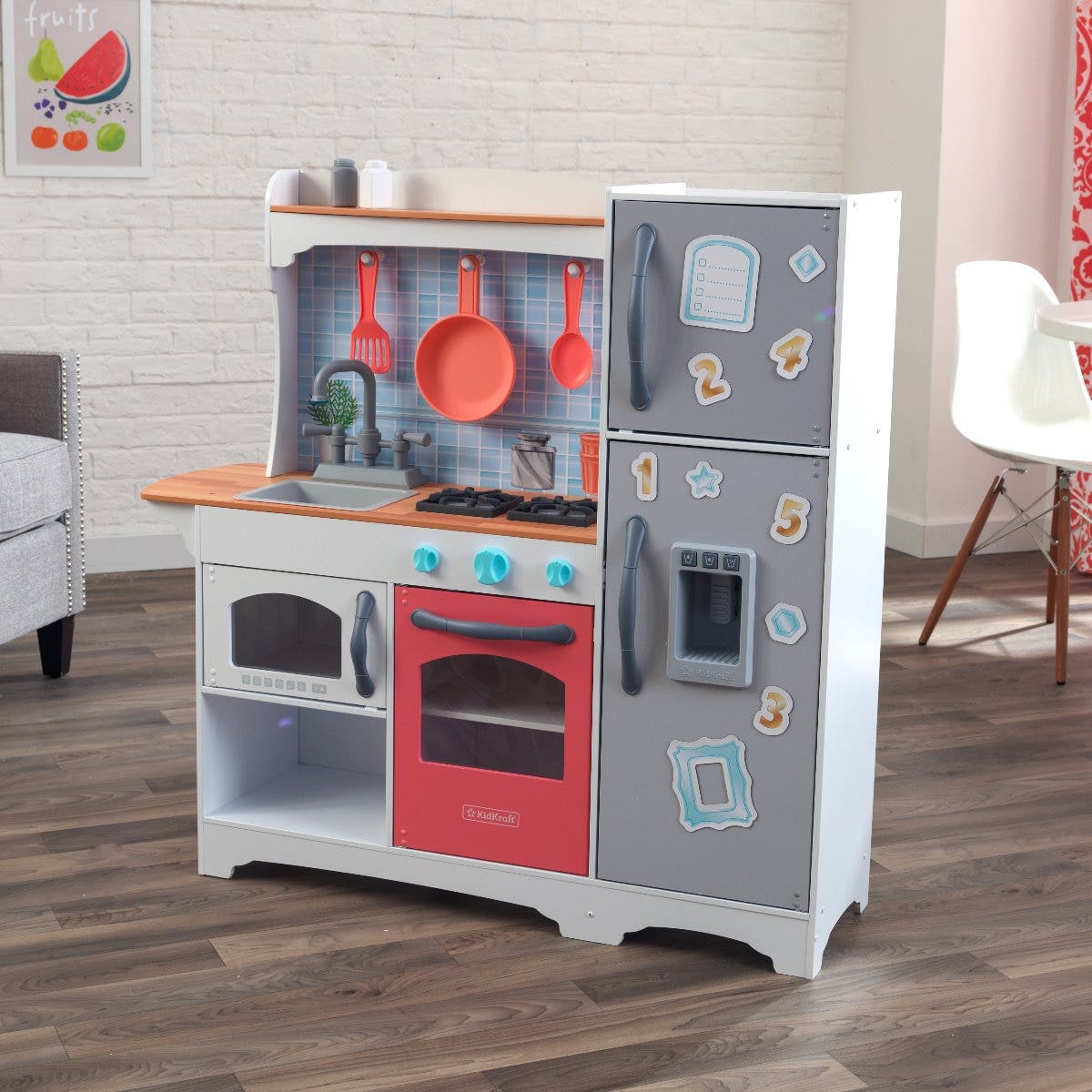 Kids Pretend Play Kitchen with Storage and Toy Ice Maker - Coral