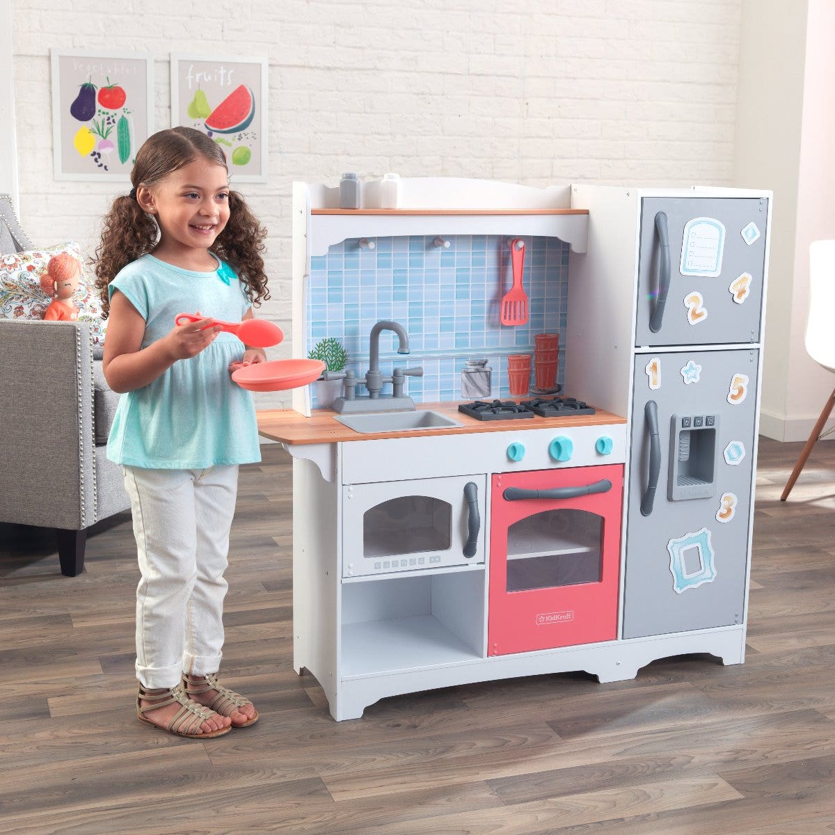 Kids Pretend Play Kitchen with Storage and Toy Ice Maker - Coral