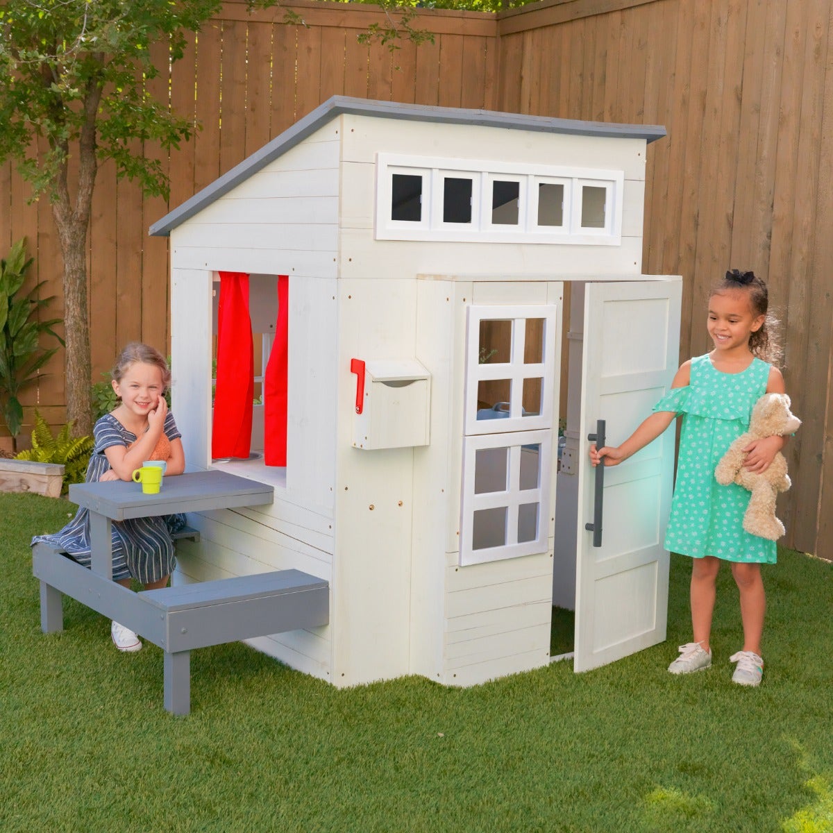 Outdoor Playhouse with Picnic Table and Chalkboard - White