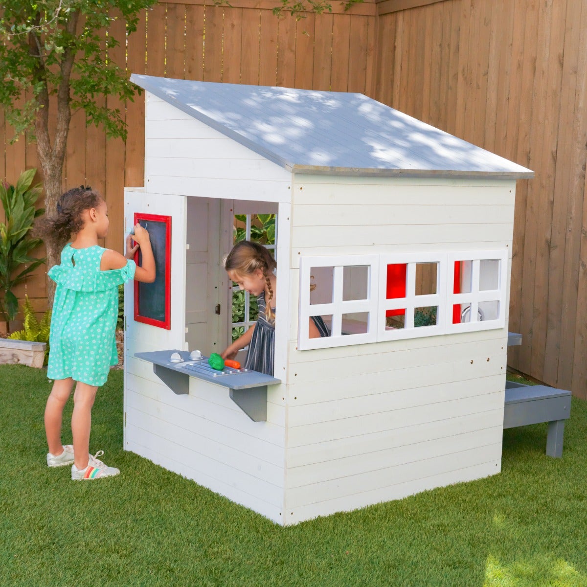 Outdoor Playhouse with Picnic Table and Chalkboard - White
