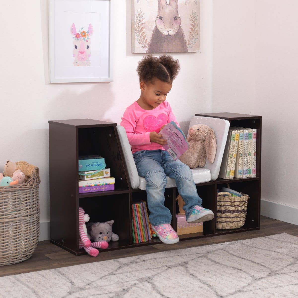Kids Bookcase and Storage Shelf with Reading Nook - Espresso