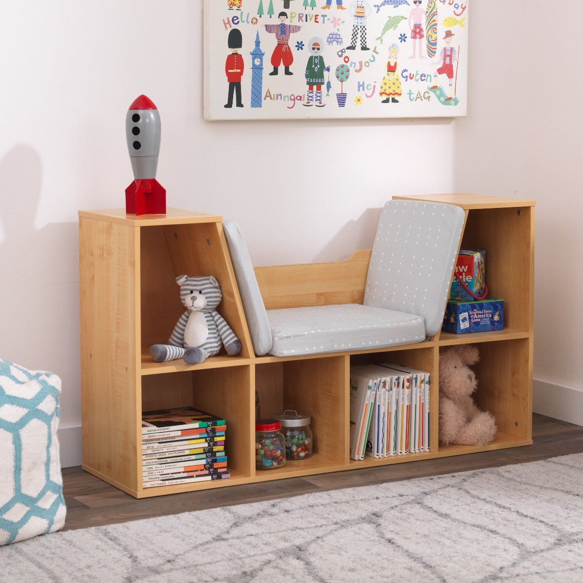 Kids Bookcase and Storage Shelf with Reading Nook - Natural