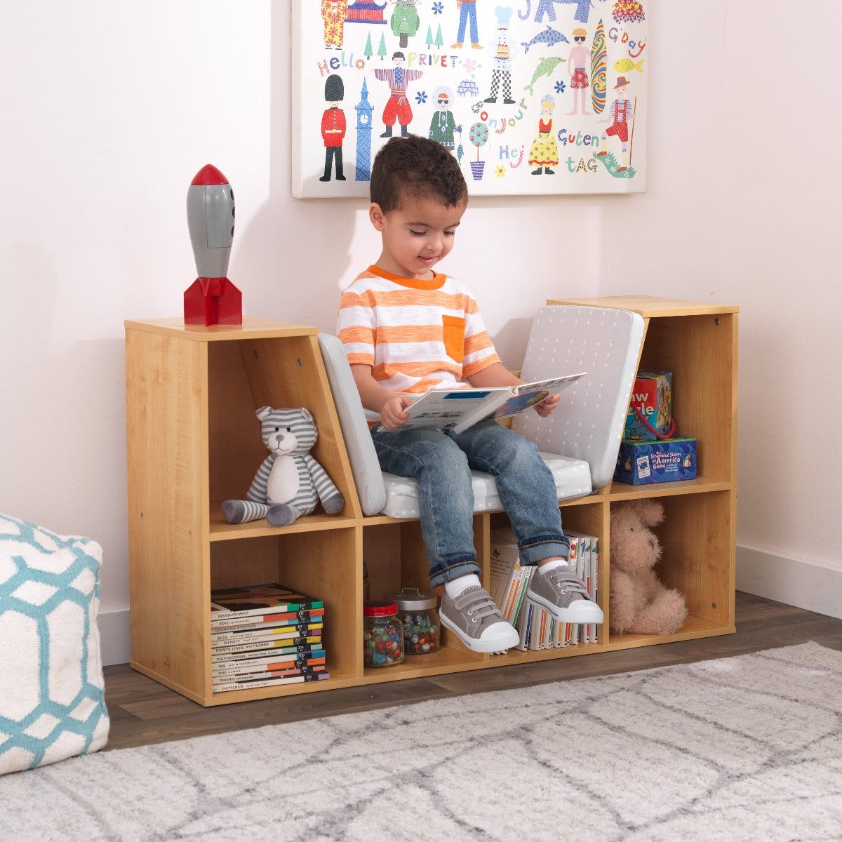 Kids Bookcase and Storage Shelf with Reading Nook - Natural