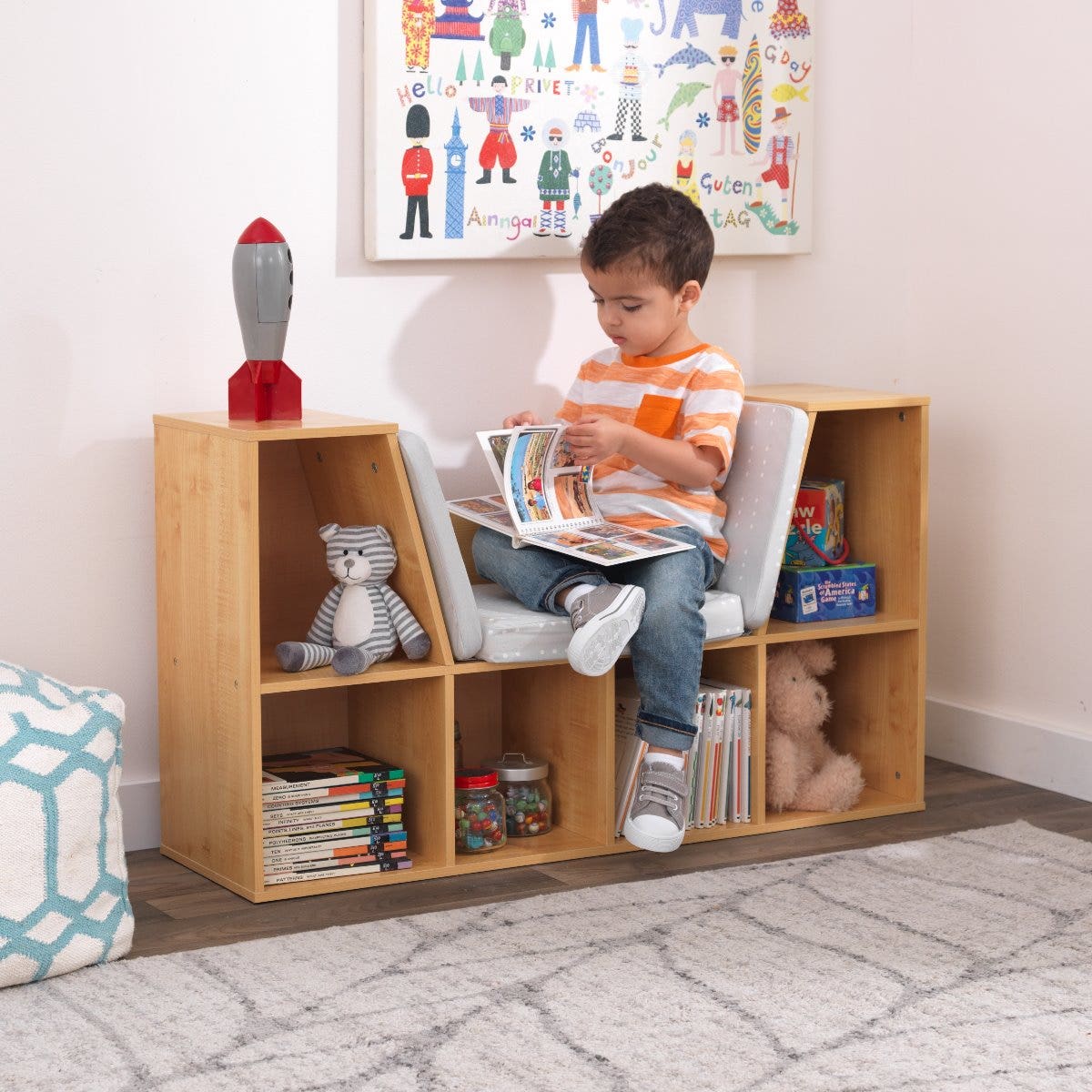 Kids Bookcase and Storage Shelf with Reading Nook - Natural