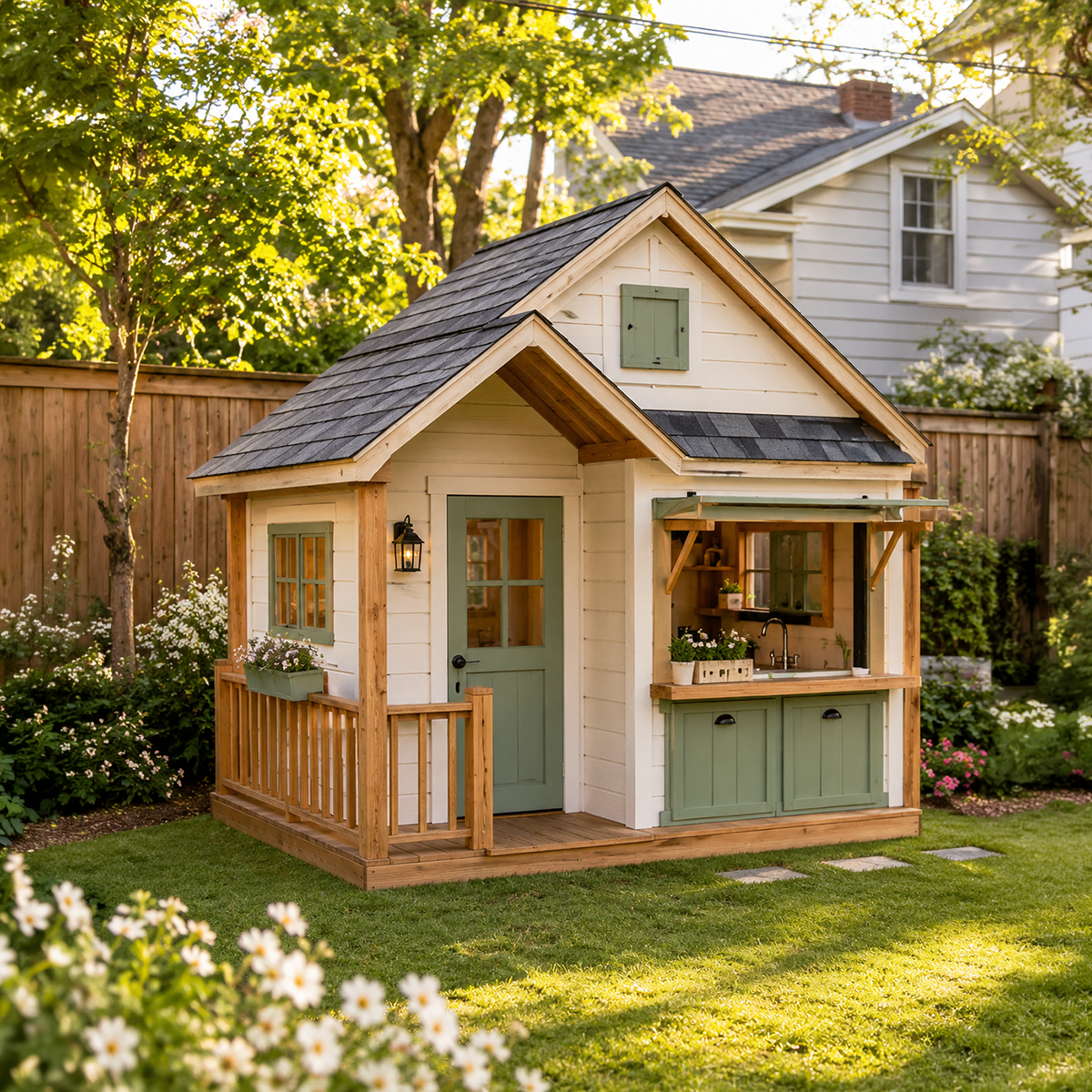 Green-Door Cottage Playhouse with Kitchen Counter