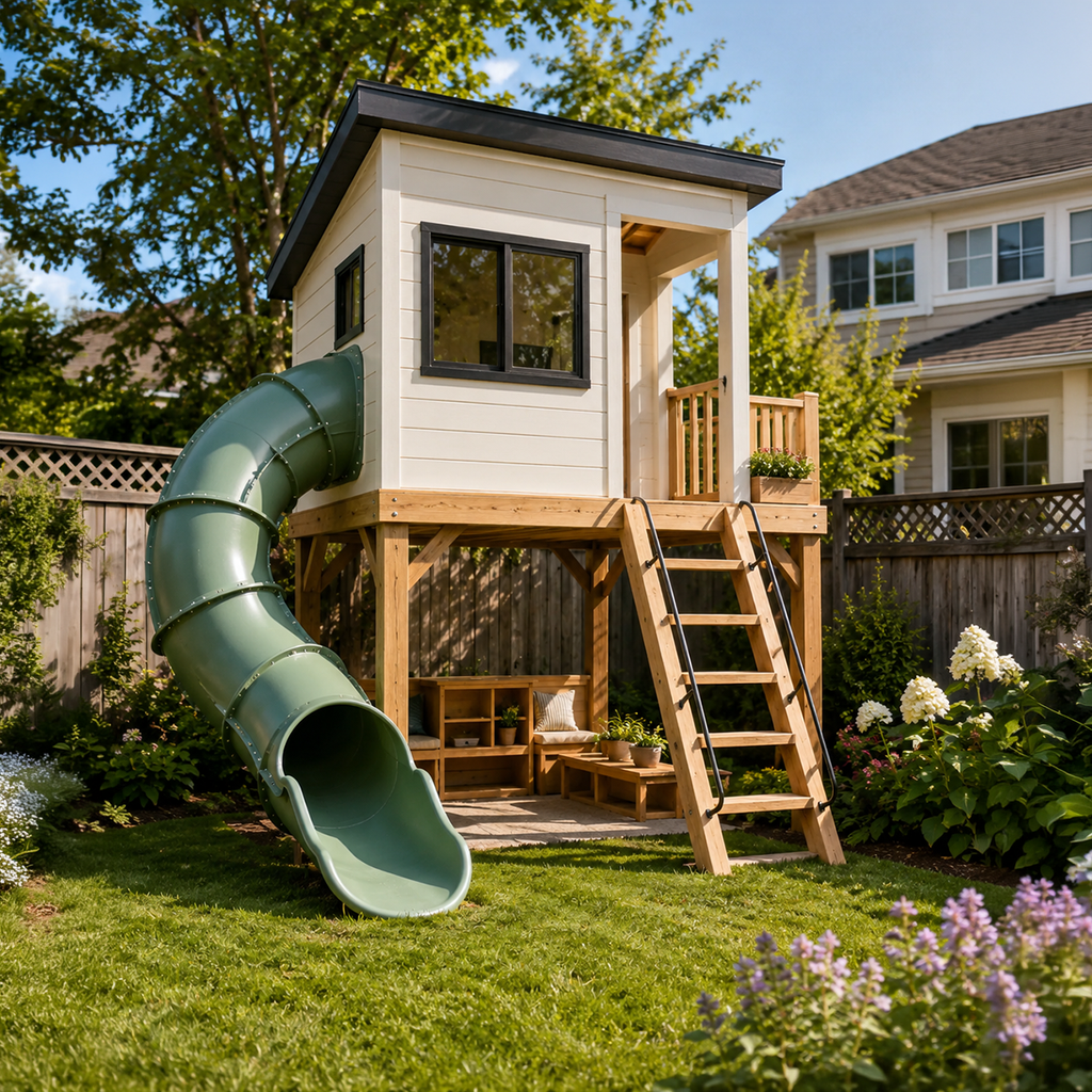 Modern Treehouse Playset with Tube Slide