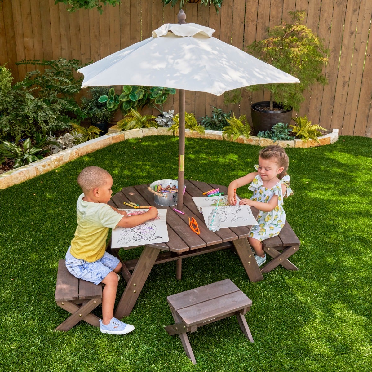 Kids Outdoor Table and Seating Set with Umbrella and Bench - Brown / Beige