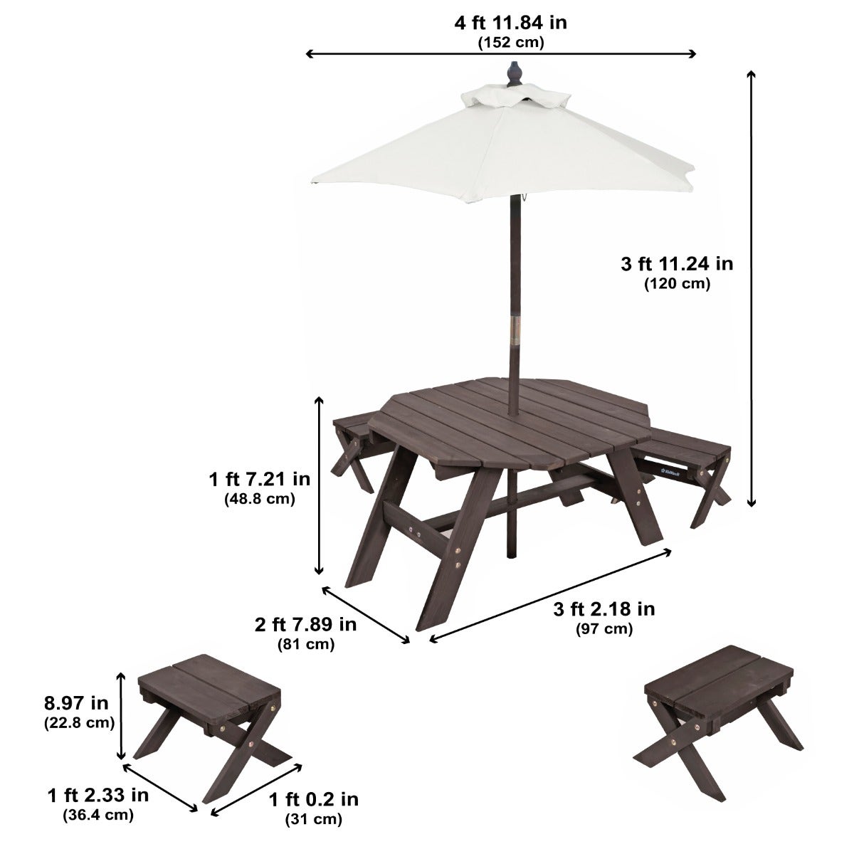 Kids Outdoor Table and Seating Set with Umbrella and Bench - Brown / Beige