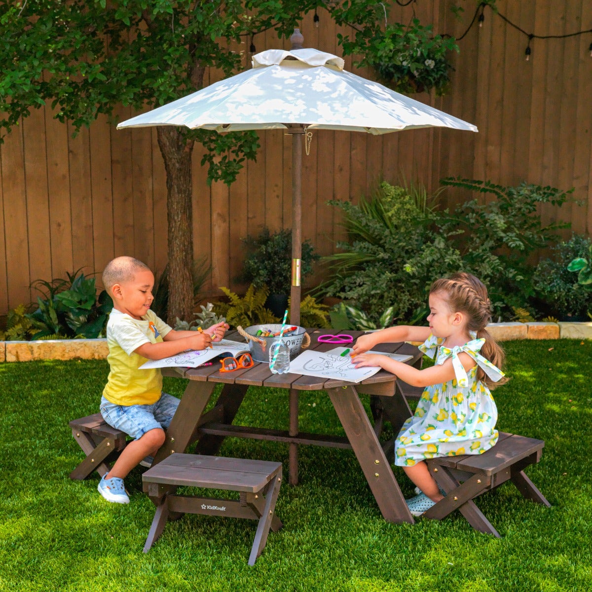 Kids Outdoor Table and Seating Set with Umbrella and Bench - Brown / Beige