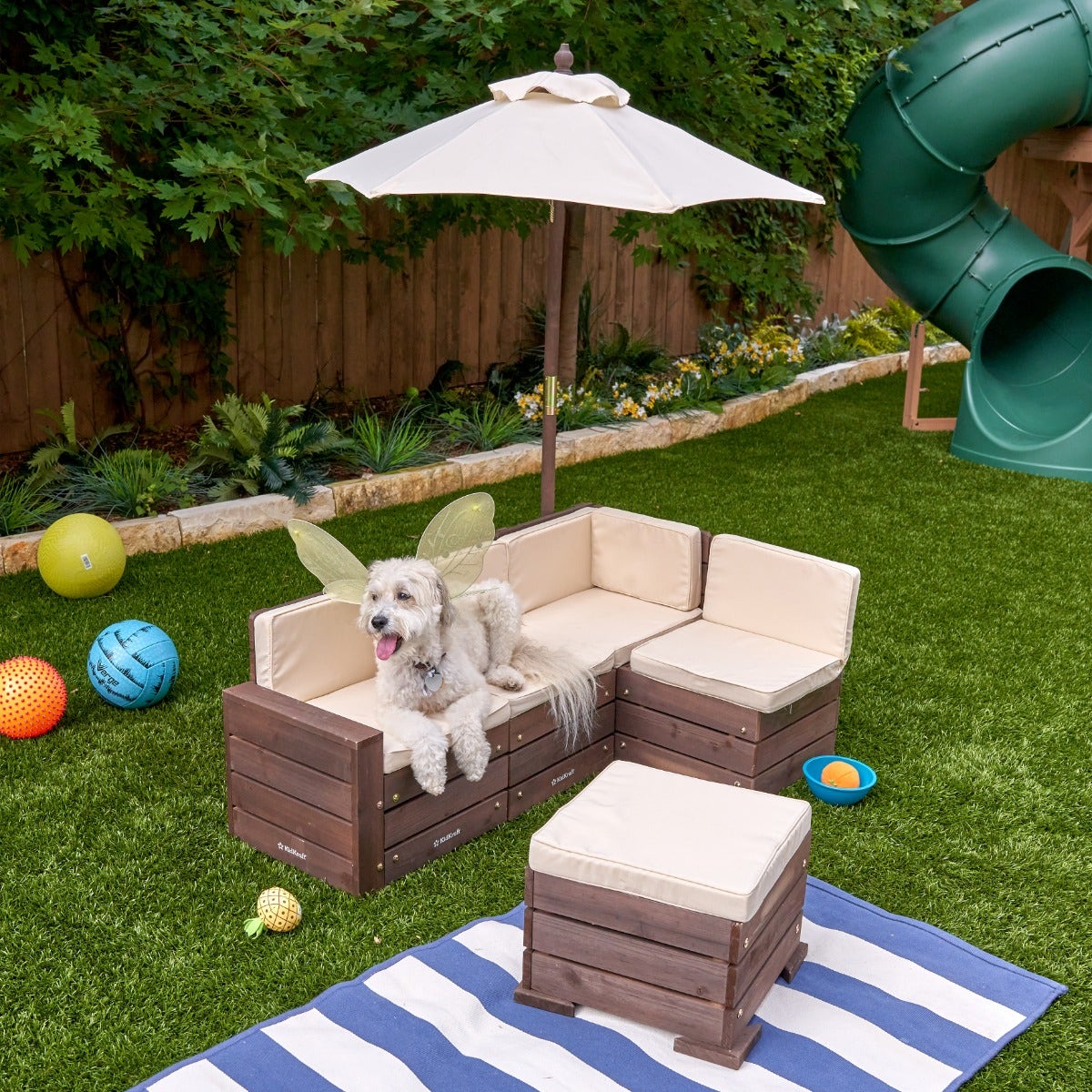 Kids Outdoor Sectional Seating Set with Umbrella - Brown / Beige