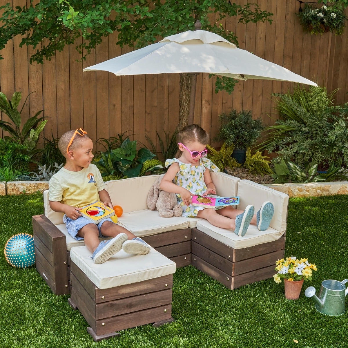 Kids Outdoor Sectional Seating Set with Umbrella - Brown / Beige