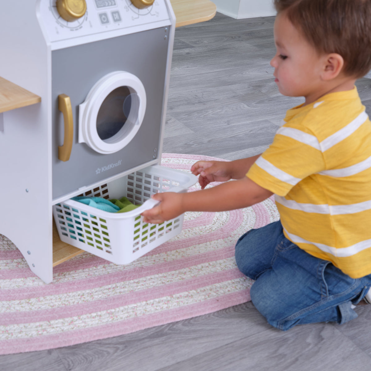 Kids Pretend Laundry Play Set with Chalkboard and Storage - White