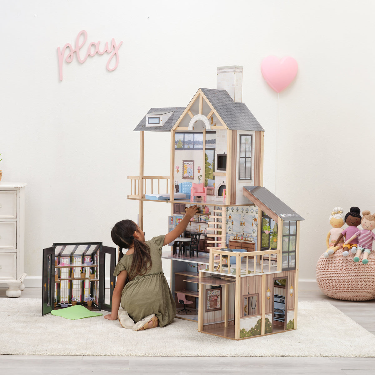 Wooden Dollhouse with Elevator and Greenhouse