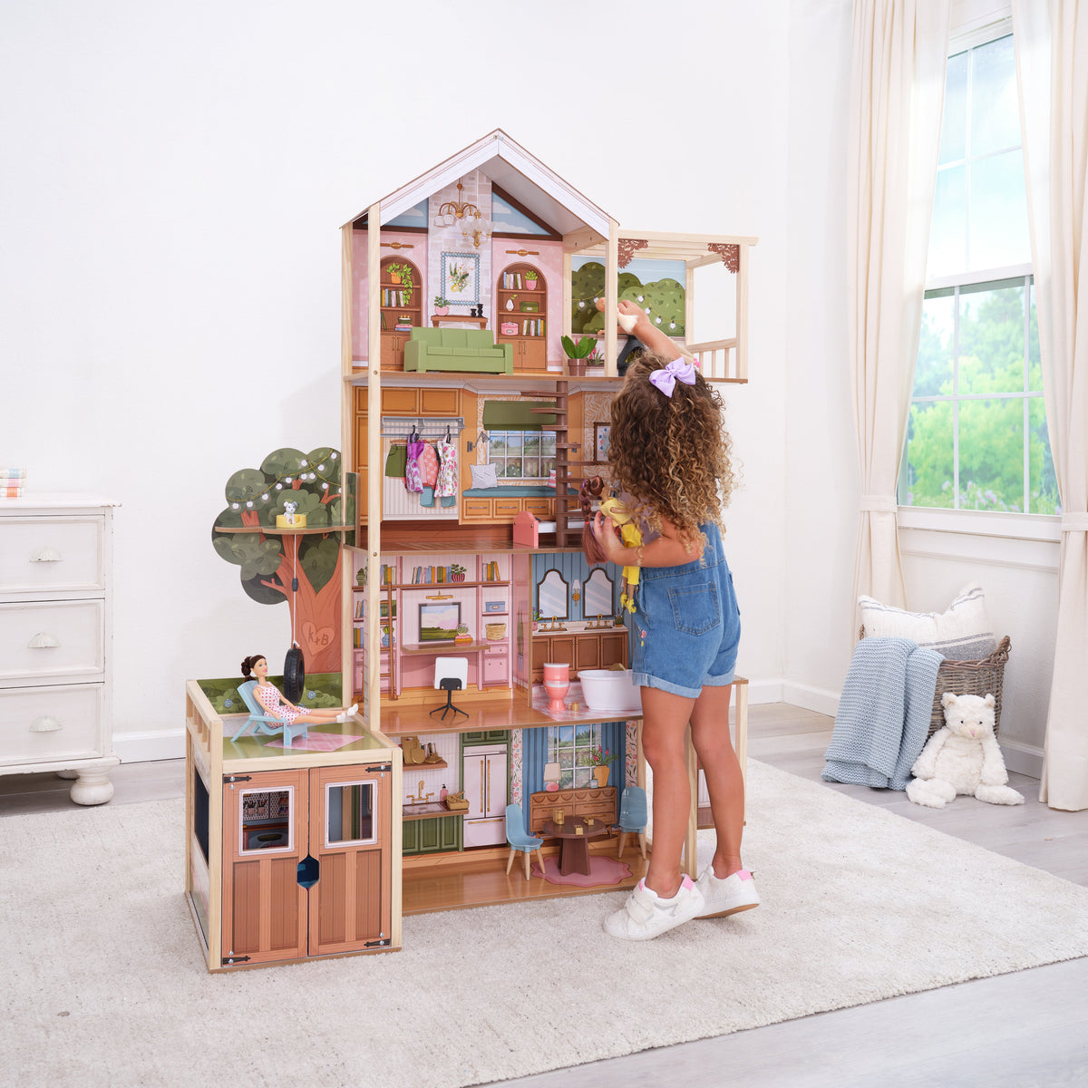 Wooden Dollhouse with Elevator and Toy Car
