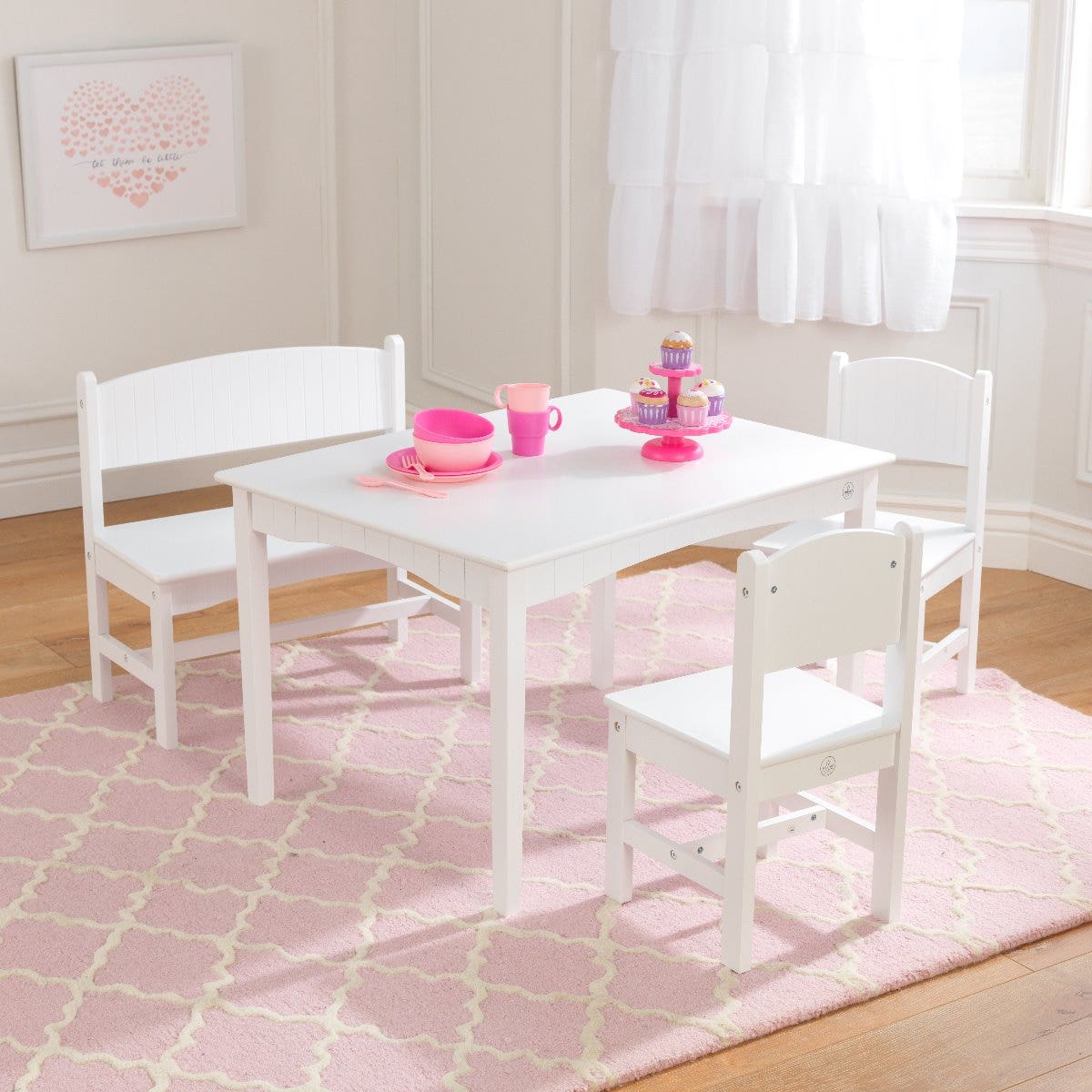 Kids Table and Chair Set with Bench and Two Chairs - White