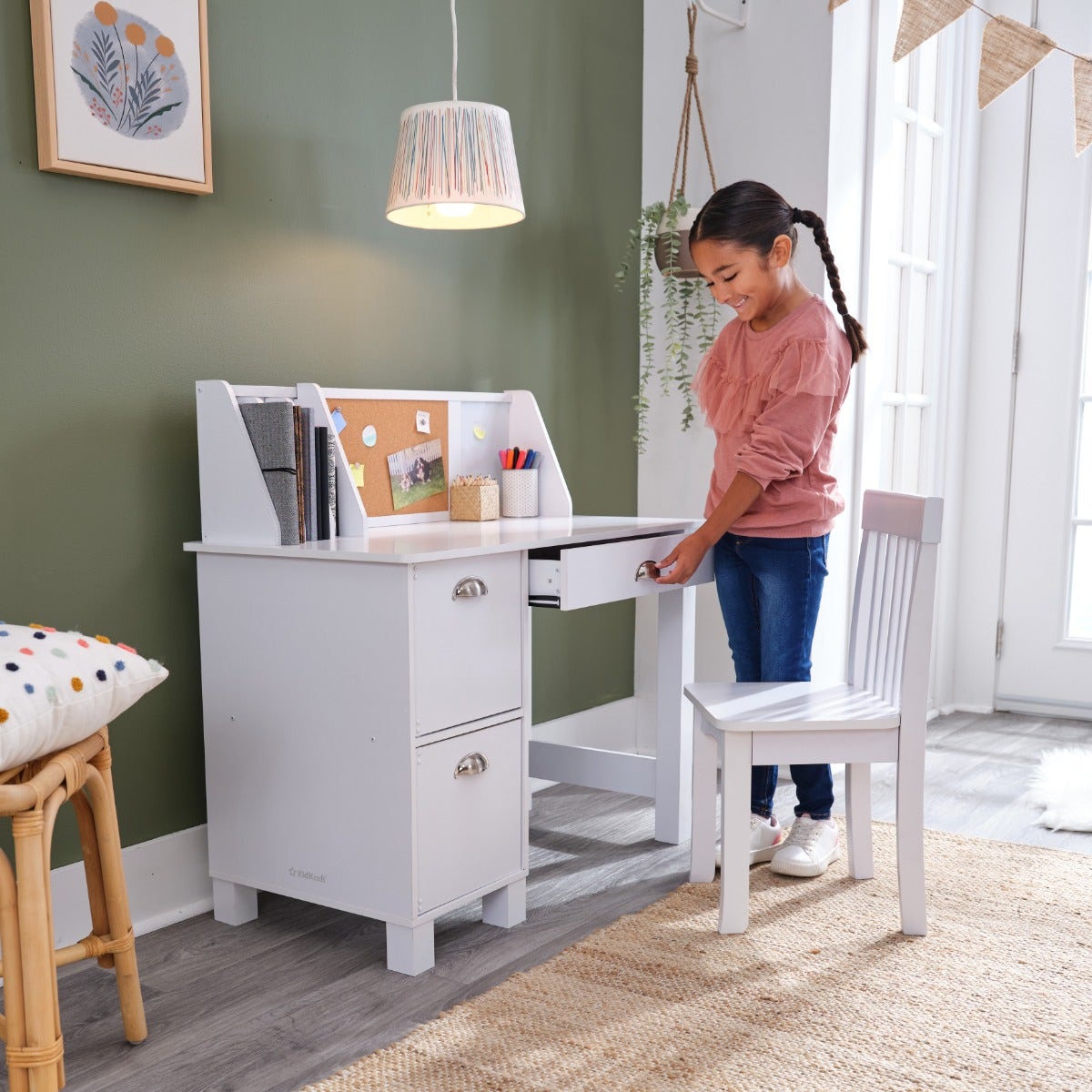 Kids Study Desk and Chair Set with Storage - White