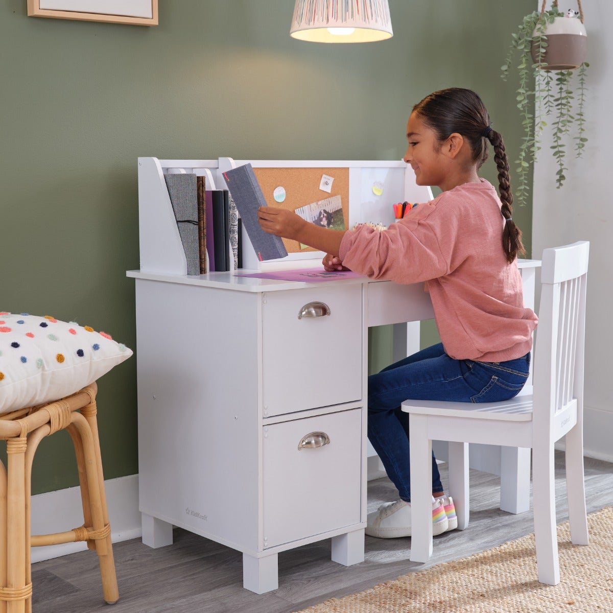 Kids Study Desk and Chair Set with Storage - White