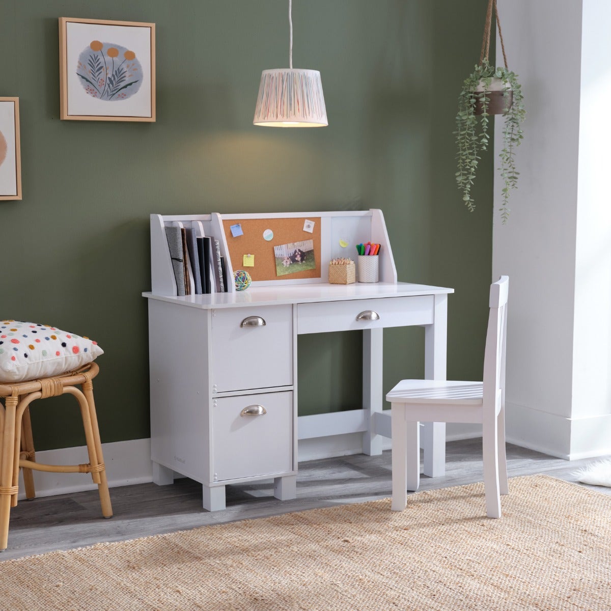 Kids Study Desk and Chair Set with Storage - White