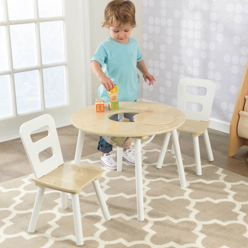 Kids Table and Chair Set with Storage and Two Chairs - Natural / White