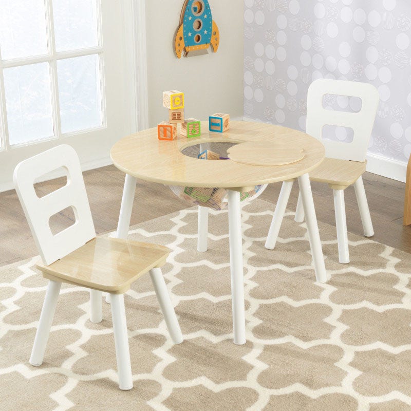 Kids Table and Chair Set with Storage and Two Chairs - Natural / White