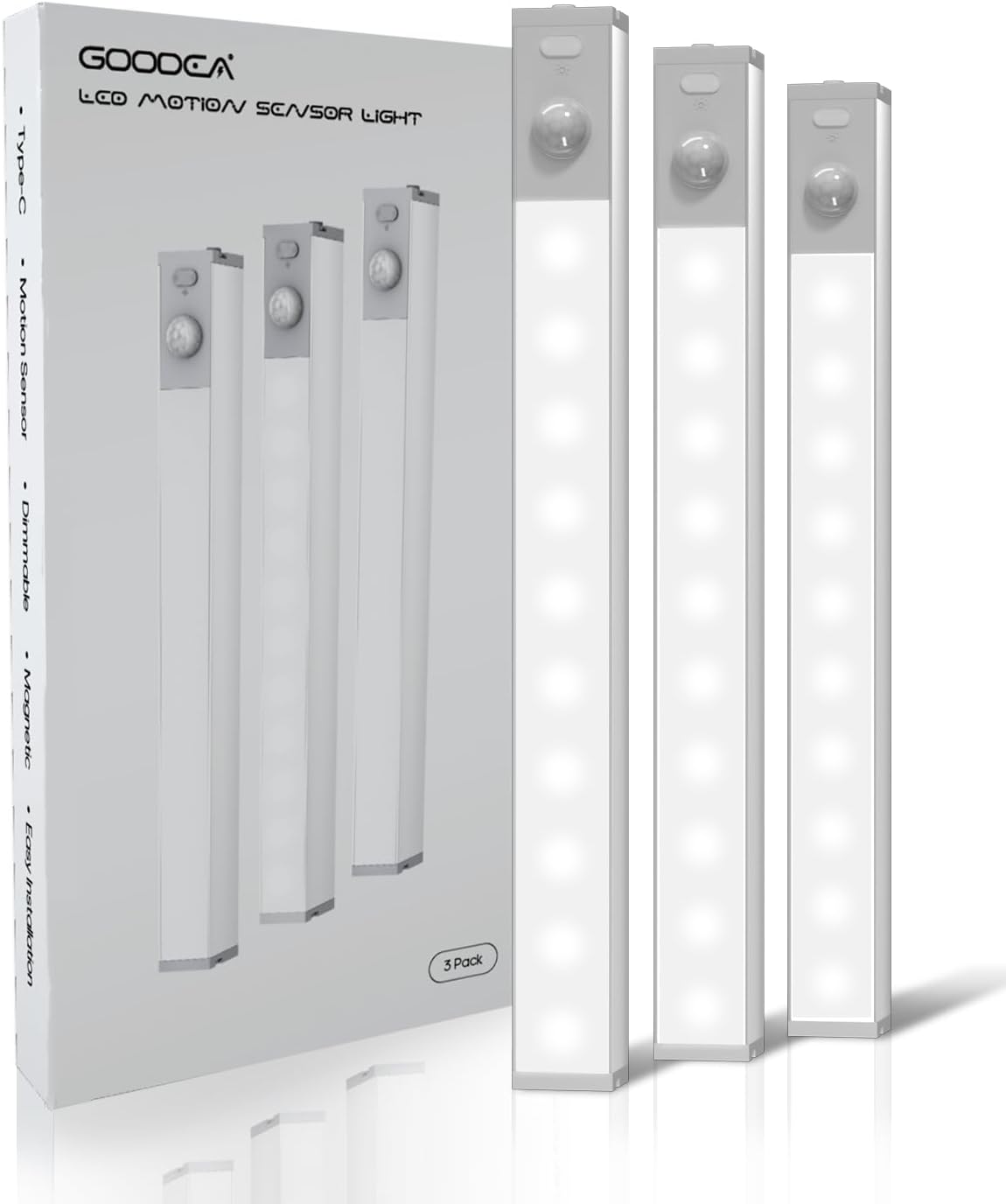 Six rechargeable motion sensor under cabinet light bars with a charging station on a shelf