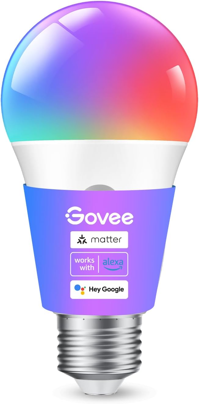 Color changing smart light bulbs A19 E26 lighting a living room in warm and blue tones