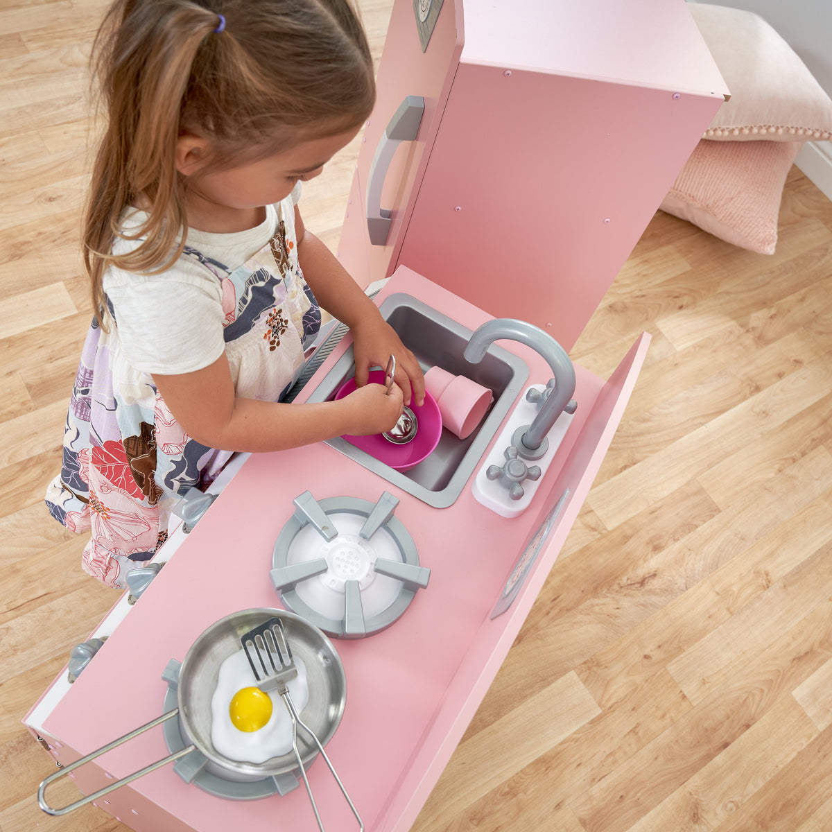 Kids Pretend Play Kitchen with Storage and Toy Refrigerator - Pink