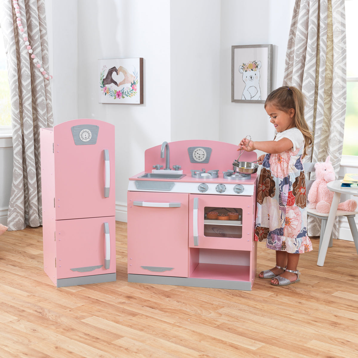 Kids Pretend Play Kitchen with Storage and Toy Refrigerator - Pink