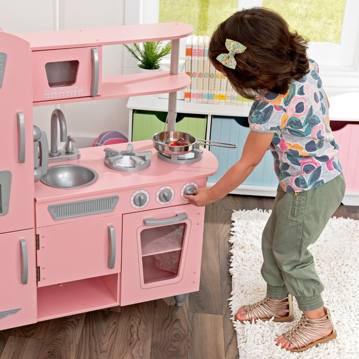 Kids Pretend Play Kitchen with Storage and Toy Ice Maker - Pink