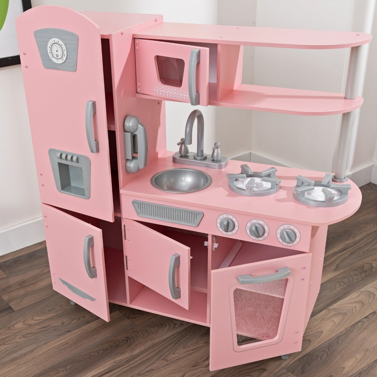 Kids Pretend Play Kitchen with Storage and Toy Ice Maker - Pink