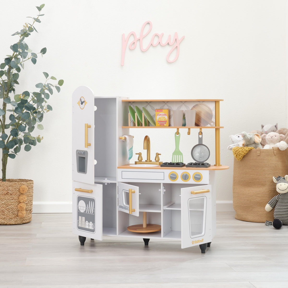 Kids Pretend Play Kitchen with Toy Refrigerator - White / Gold
