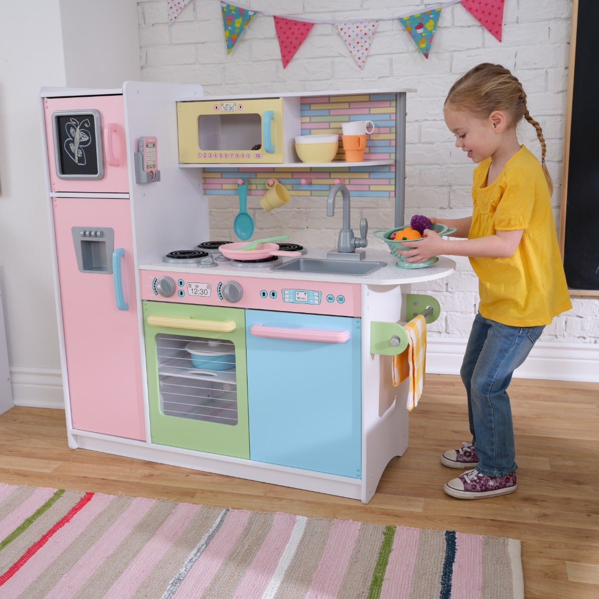 Kids Pretend Play Kitchen with Chalkboard and Toy Refrigerator - Pastel
