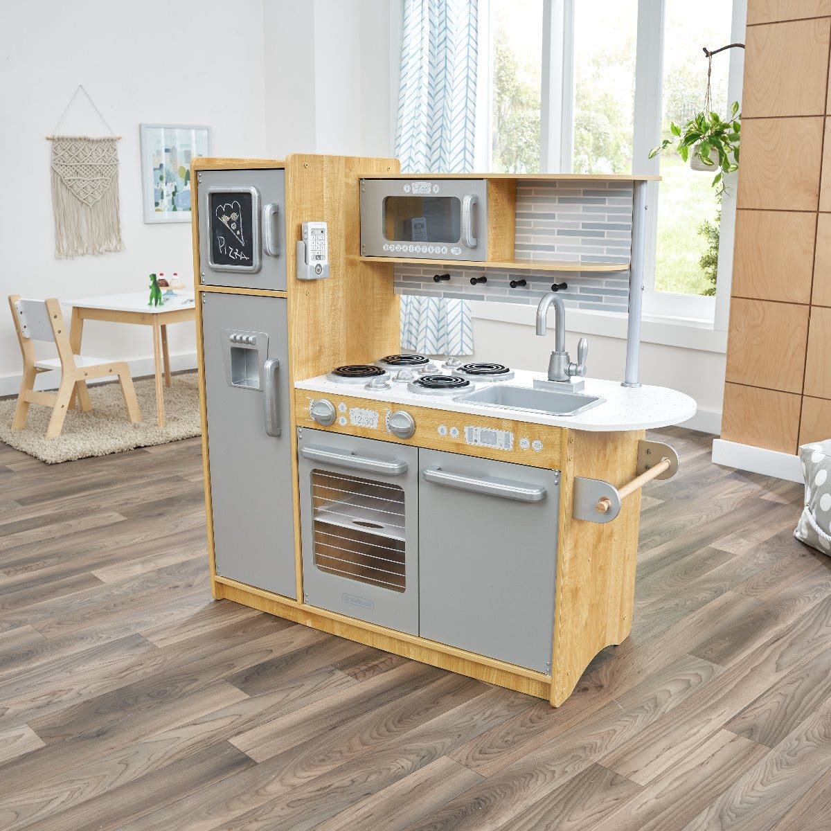 Kids Pretend Play Kitchen with Chalkboard and Toy Refrigerator - Natural