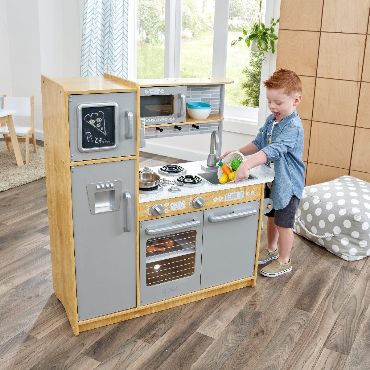 Kids Pretend Play Kitchen with Chalkboard and Toy Refrigerator - Natural