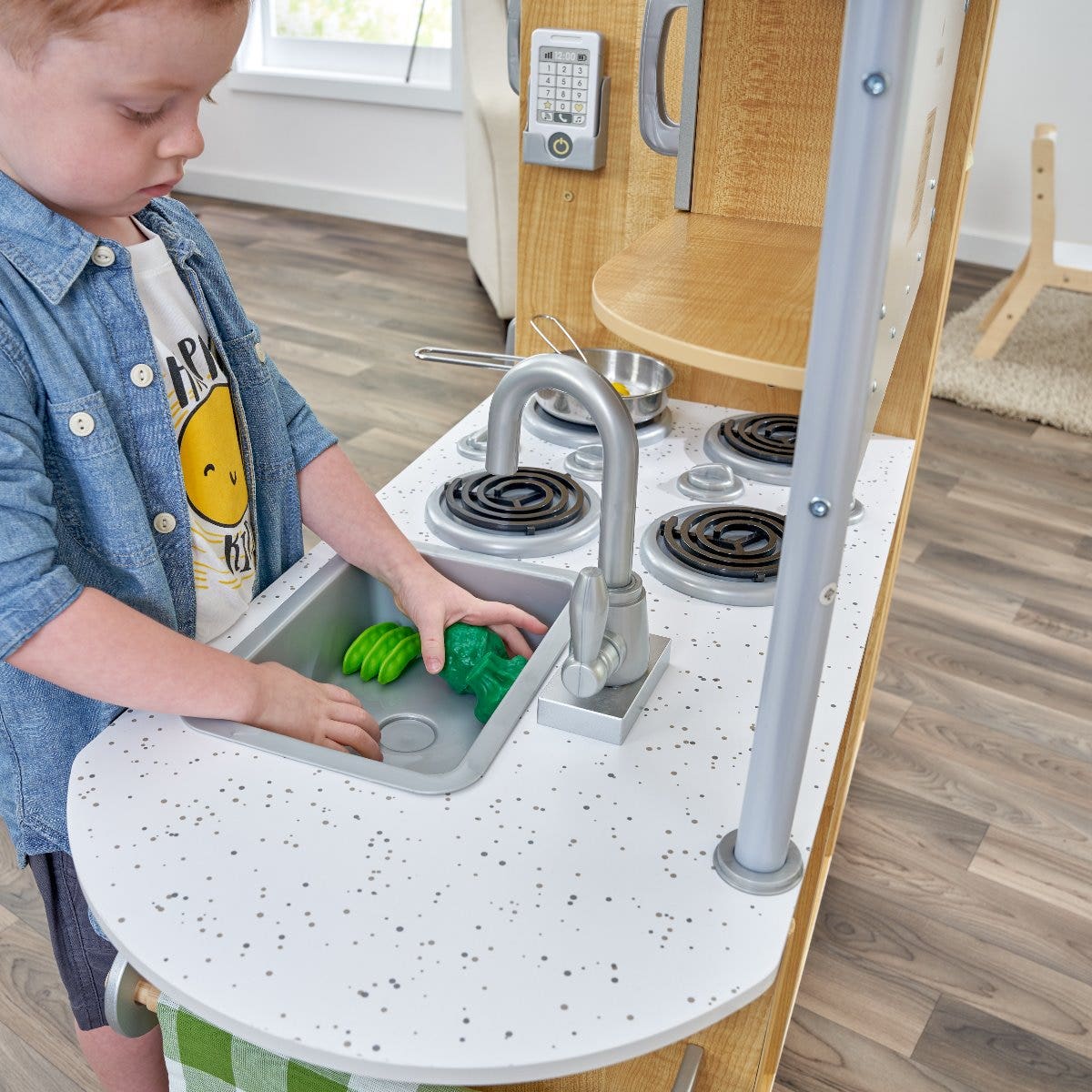 Kids Pretend Play Kitchen with Chalkboard and Toy Refrigerator - Natural