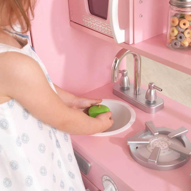 Kids Pretend Play Kitchen with Storage and Toy Refrigerator - Pink / White