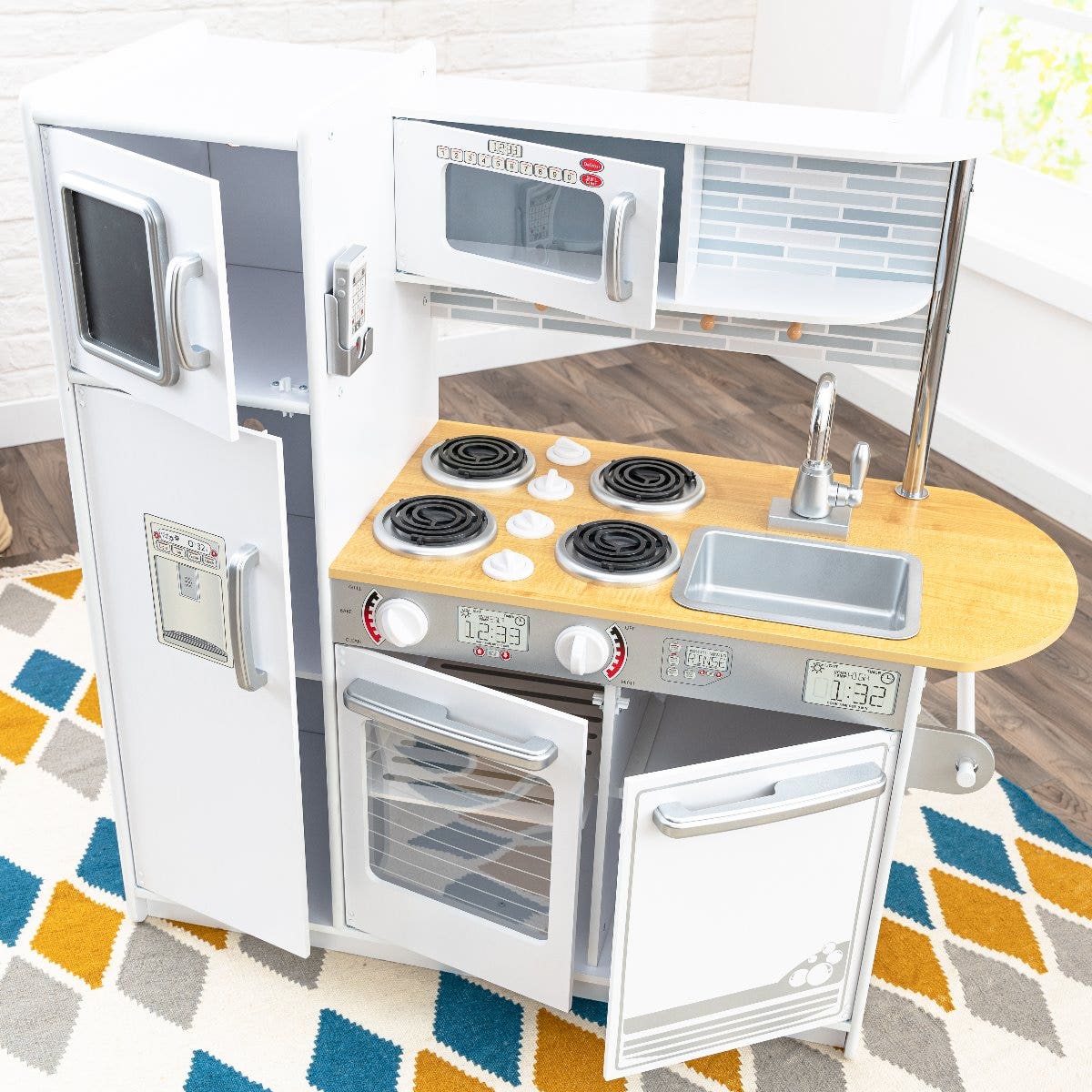 Kids Pretend Play Kitchen with Chalkboard and Toy Refrigerator - White
