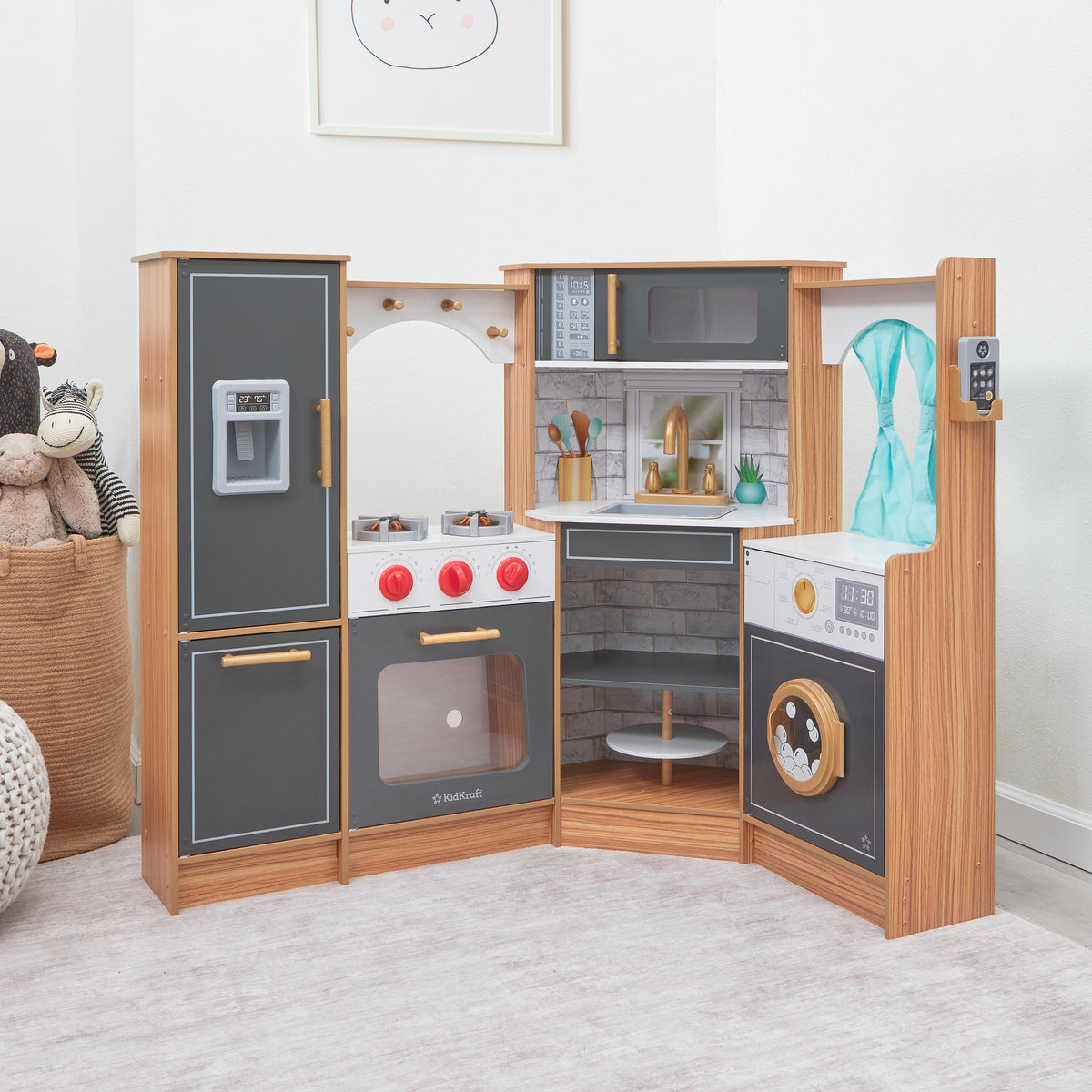 Corner Play Kitchen with Lights and Sounds and Storage - Natural