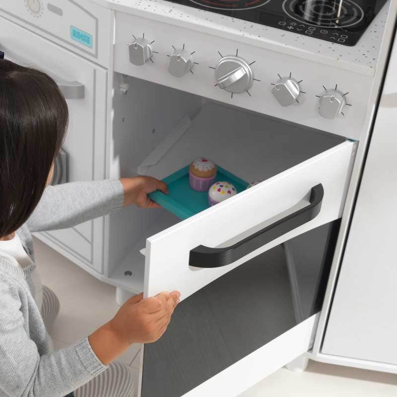 Kids Pretend Play Kitchen with Lights and Sounds and Toy Ice Maker - White