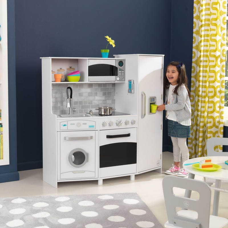 Kids Pretend Play Kitchen with Lights and Sounds and Toy Ice Maker - White