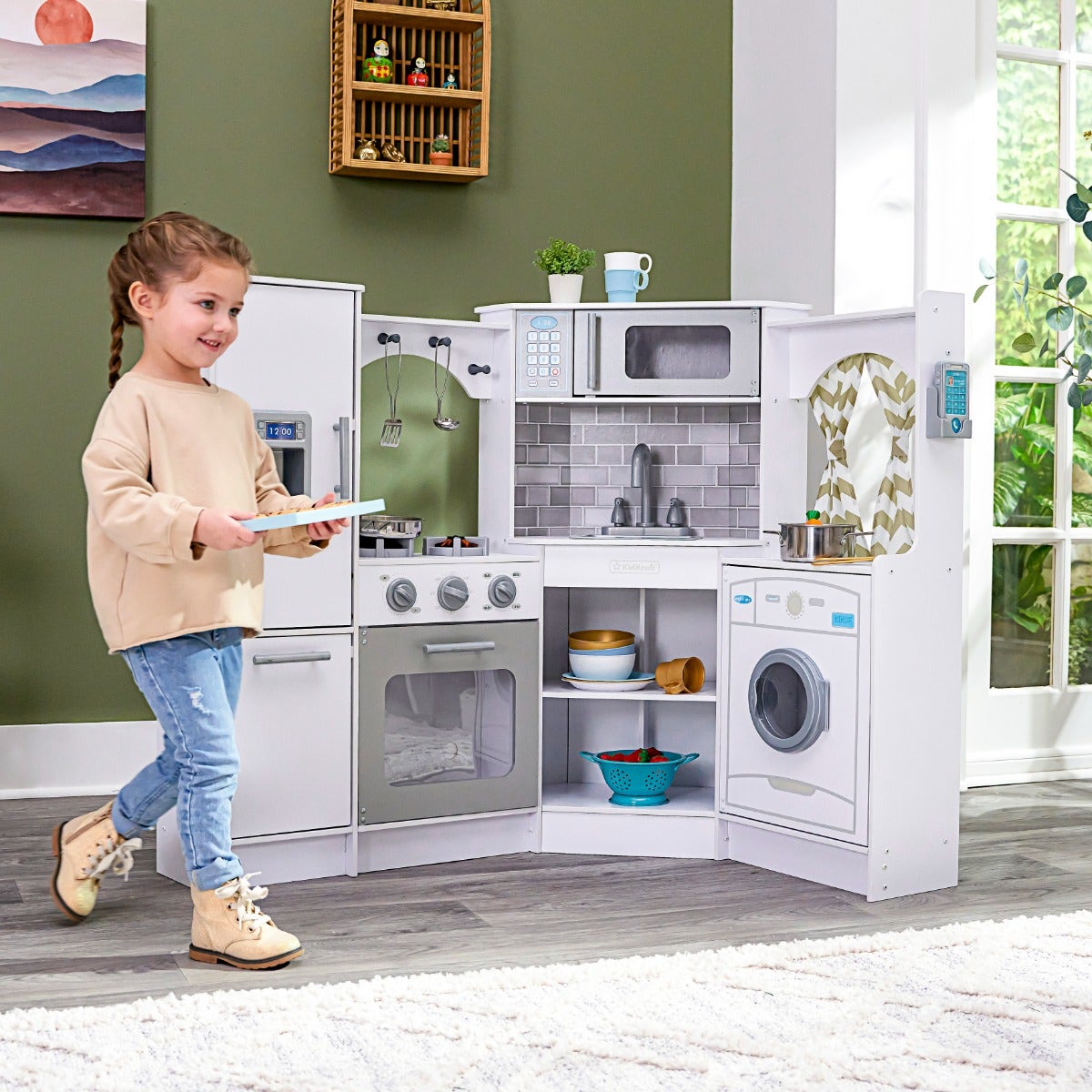 Corner Play Kitchen with Lights and Sounds and Storage - White