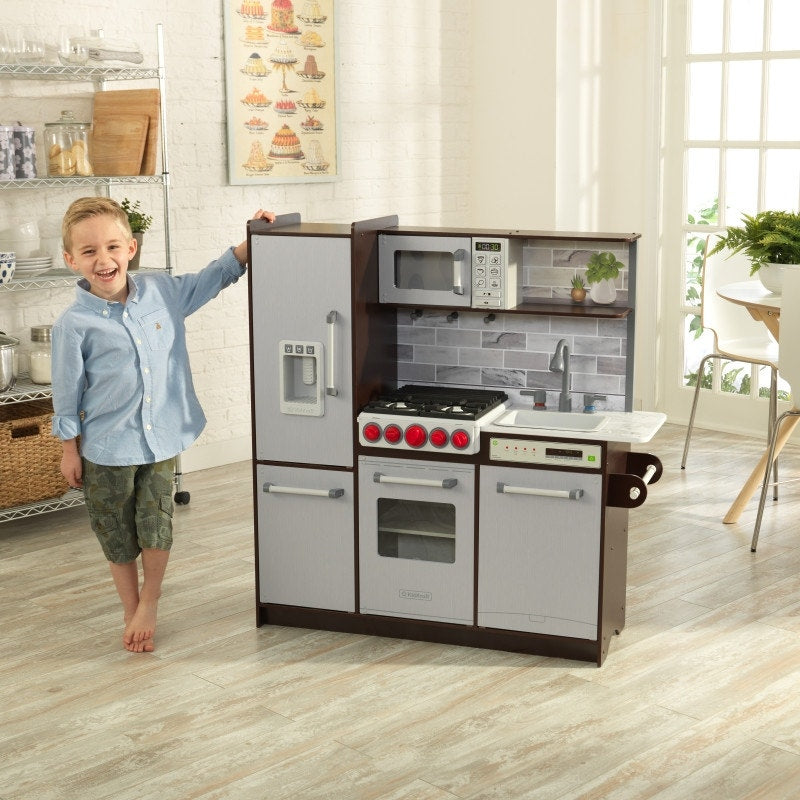 Kids Pretend Play Kitchen with Lights and Sounds and Play Food - Espresso