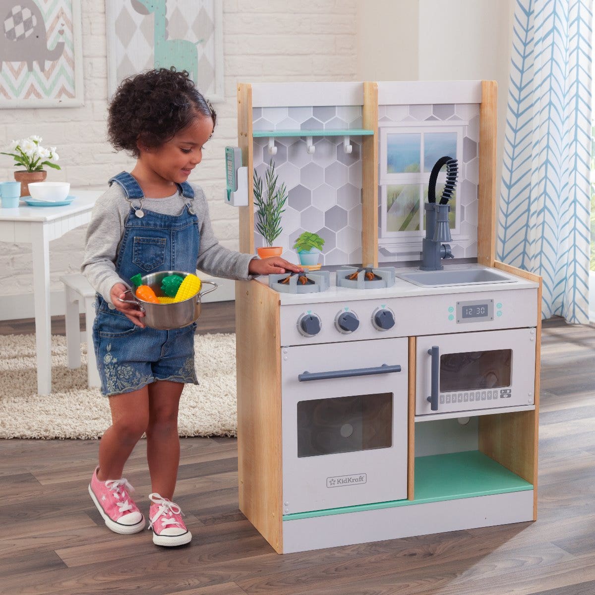 Kids Pretend Play Kitchen with Lights and Sounds and Storage - Natural