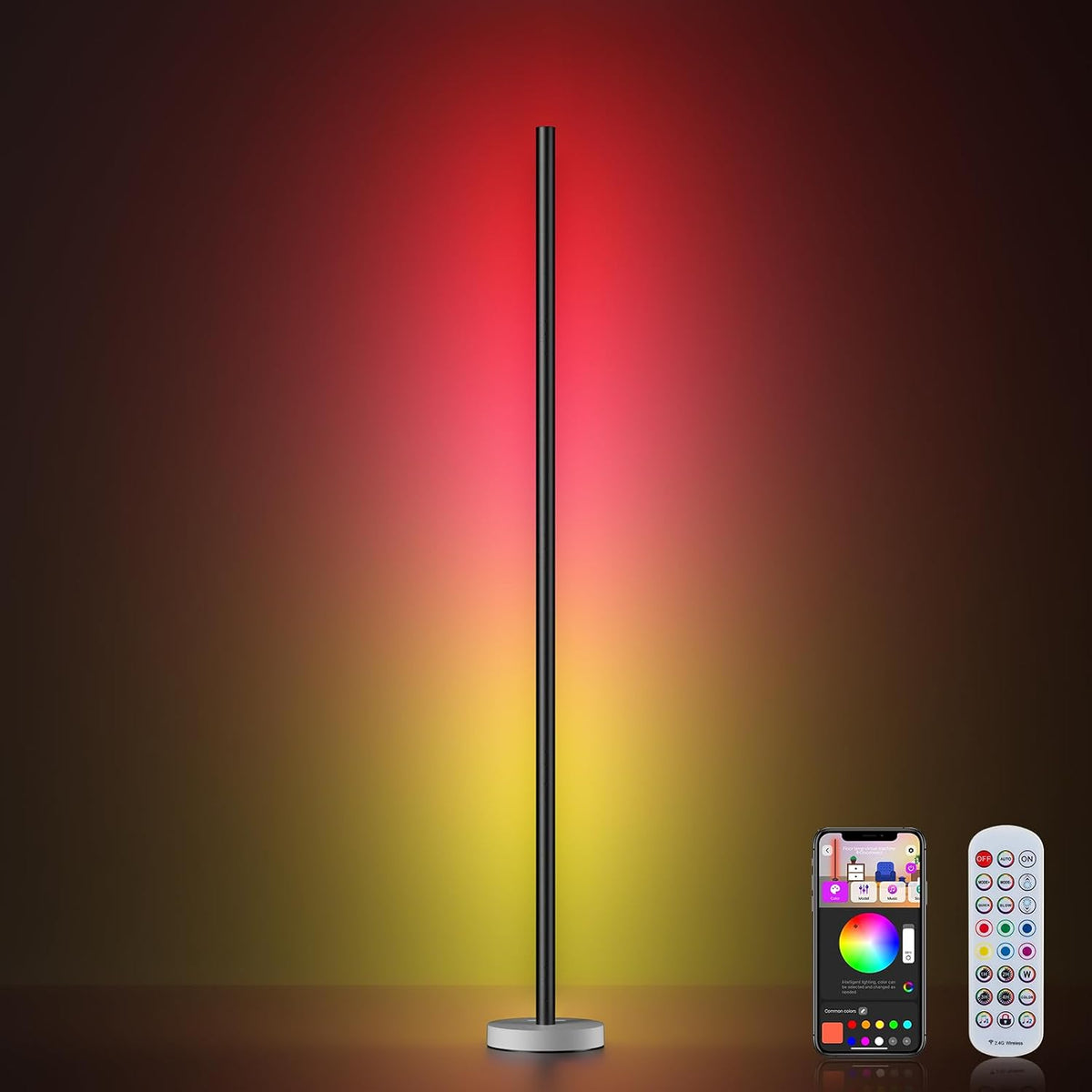 Smart RGB LED corner floor lamp glowing purple beside a desk in a gaming room